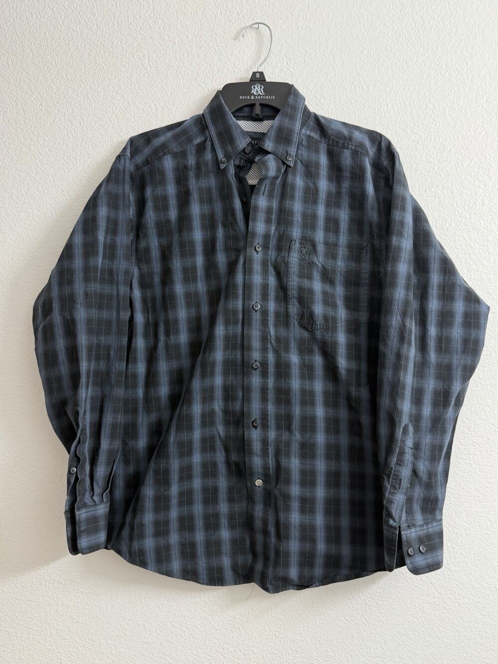 Ariat Pro Series Long Sleeve Button Down Shirt Plaid Western Blue Men’s A